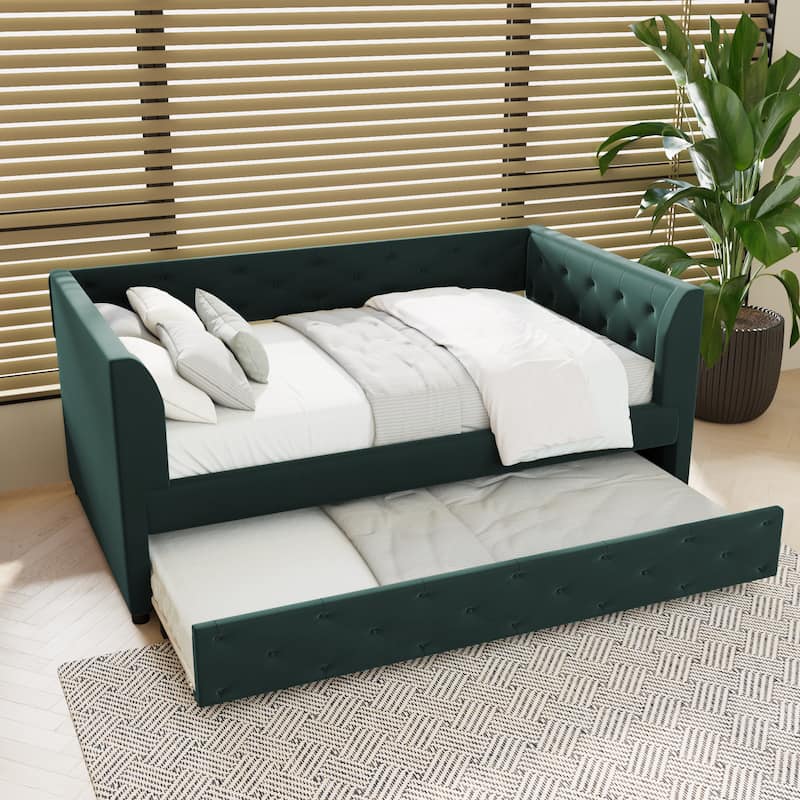 Twin Size Upholstered Velvet Tufted Daybed with Trundle
