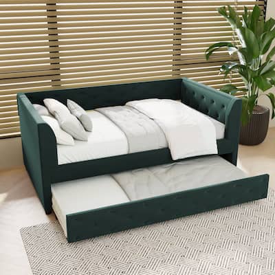 Twin Velvet Tufted Daybed with Trundle & Storage - 400LB Capacity