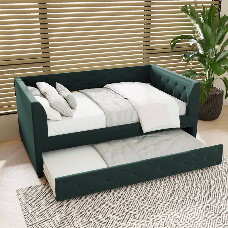 Velvet Twin Daybed with Pull-Out Trundle & Magazine Pocket, Tufted Upholstered Sofa Bed for Small Spaces - Green
