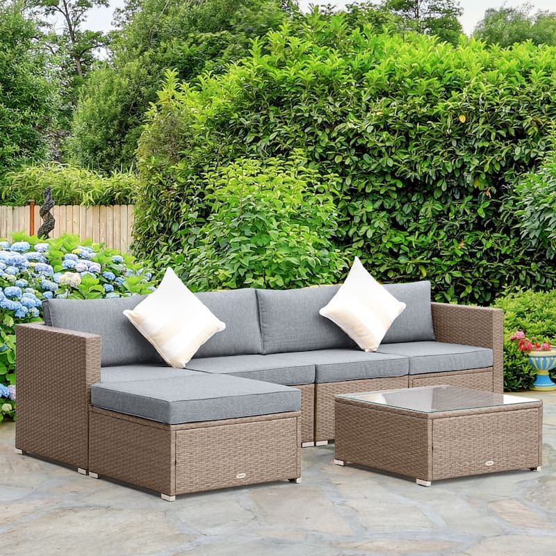 Outsunny 6-Piece Outdoor Patio Rattan Wicker Furniture Set with Comfortable Cotton Cushions, Removable Slip Covers