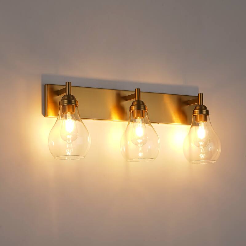 3-Light Industrial Brushed Gold Vanity Light with Clear Gourd Glass Shades - 27.56 in. W x 10.63 in. H x 6.69 in. D