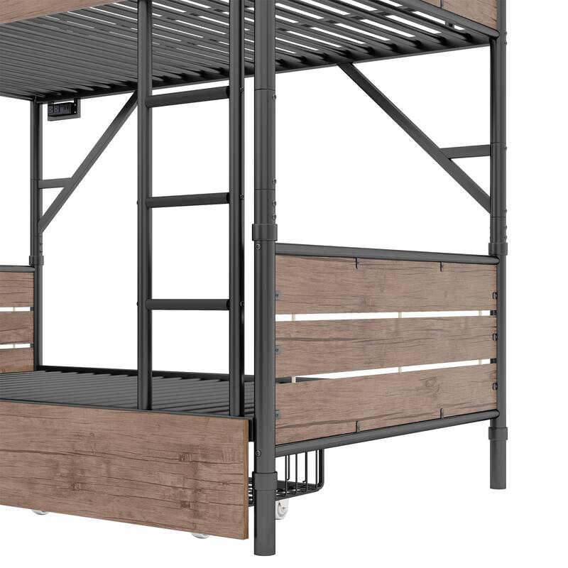 Twin XL Metal Bunk Bed with LED Lights, Power Outlet, 2 Drawers & Convertible Setup