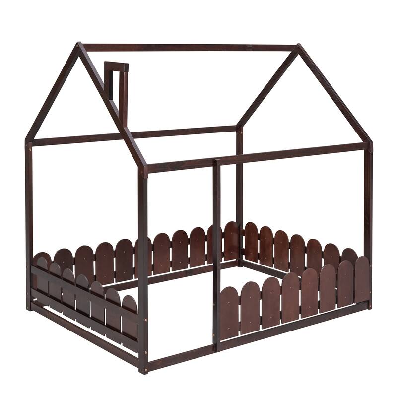 Full Size Wood House Bed Frame with Fence for Children's Bedrooms, Small Space, Playhouse Design, Slats Not Included