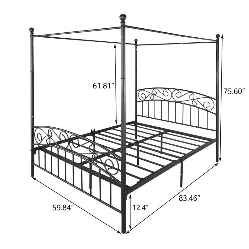 Metal Canopy Bed Frame with Ornate European Style Headboard & Footboard