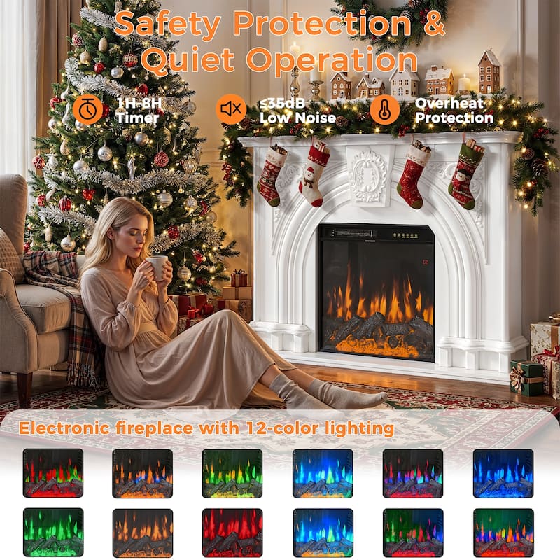 Freestanding Electric Fireplace with Mantel, 24" Electric Fireplace Insert, Adjustable Flame Colors, Remote Control & Thermostat