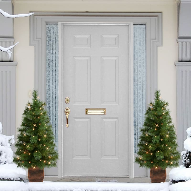 Puleo International Set of 2 Artificial Battery-Operated Pre-Lit Potted Wyoming Pine Trees