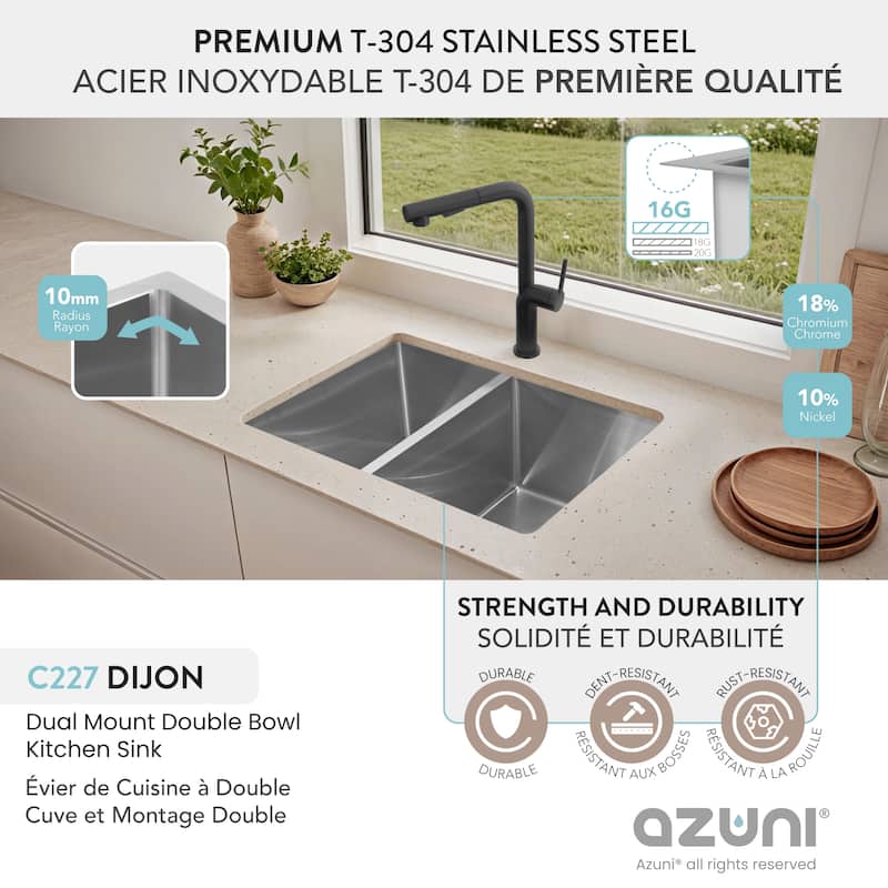 AZUNI 27 inches L x 18 inches W Double Bowl 60/40 Dual Mount 16G Reversible Kitchen Sink with Grids and Basket Strainers