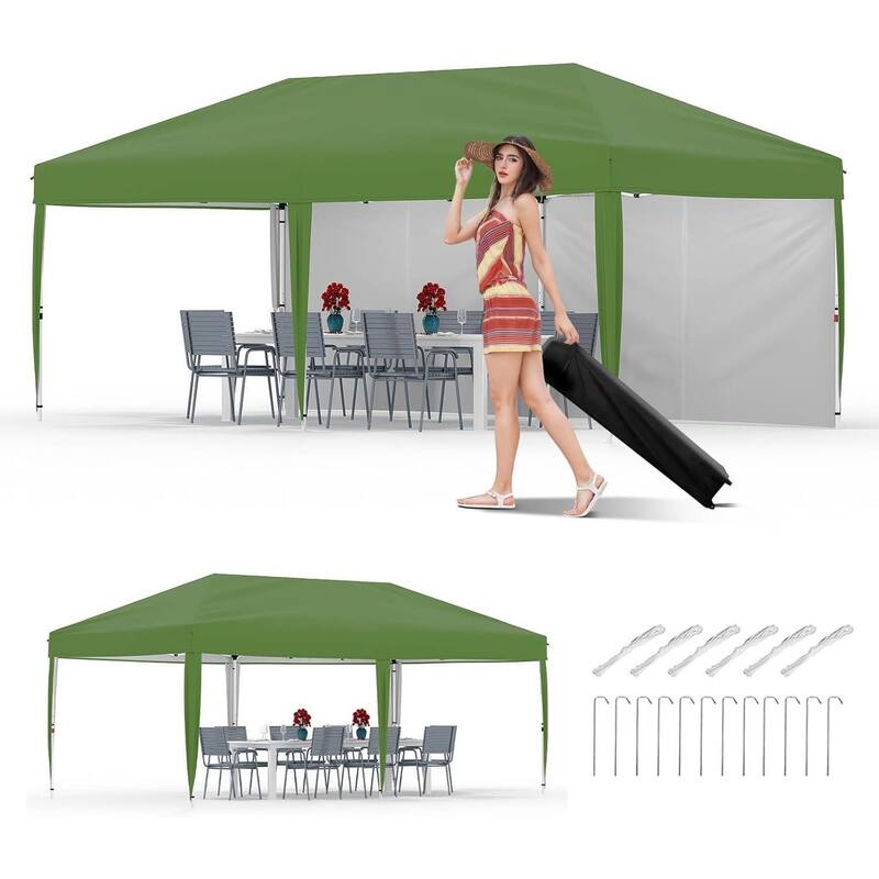 10x20 Pop Up Canopy Tent Outdoor with 2 Removable Sidewalls - Green