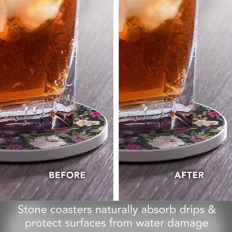 Midnight Garden 4 Pack Round Absorbent Stone Coasters with Protective Cork Backing Manufactured in The USA