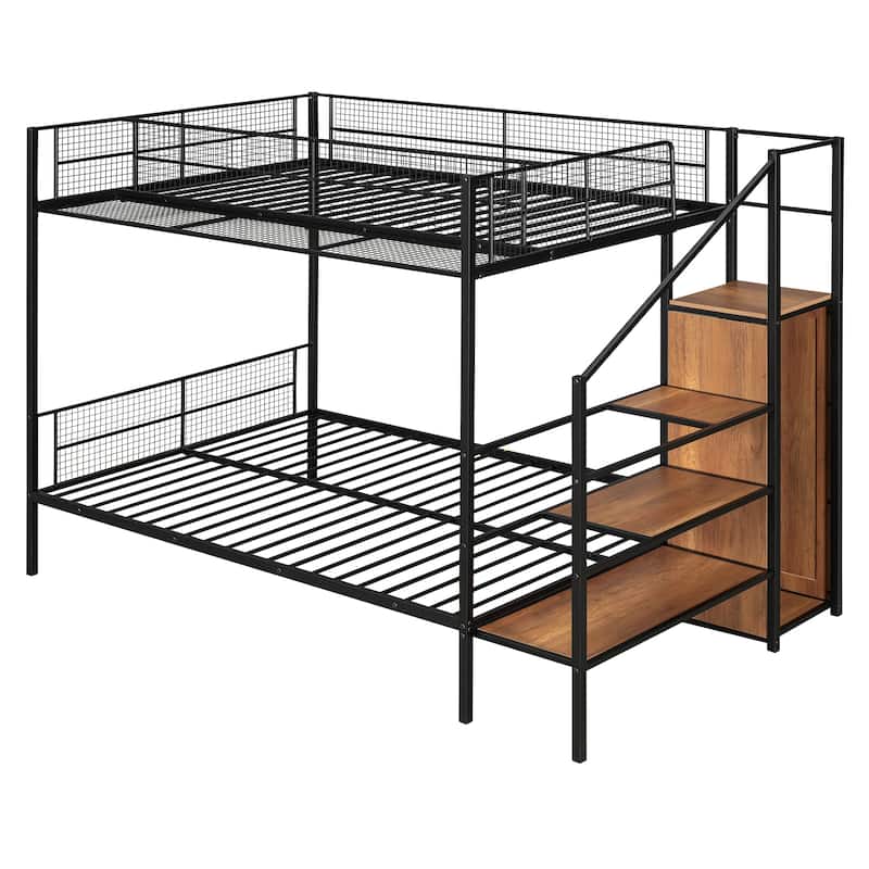 Black Twin over Full Metal Bunk Bed with Wire Shelving and Lateral Storage