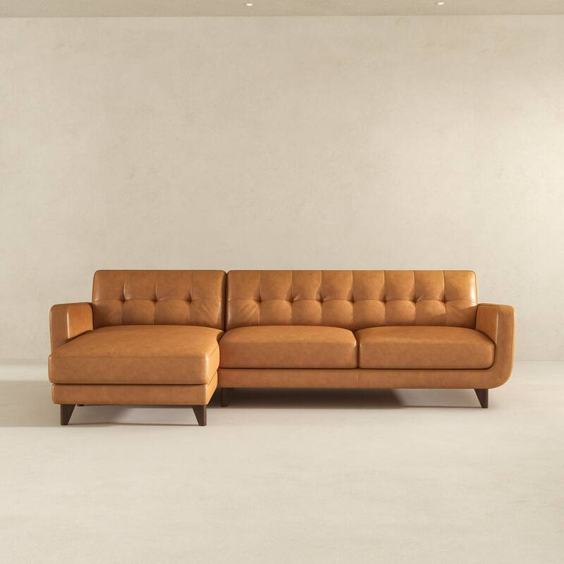 Left-Facing Tan Leather Sectional Sofa