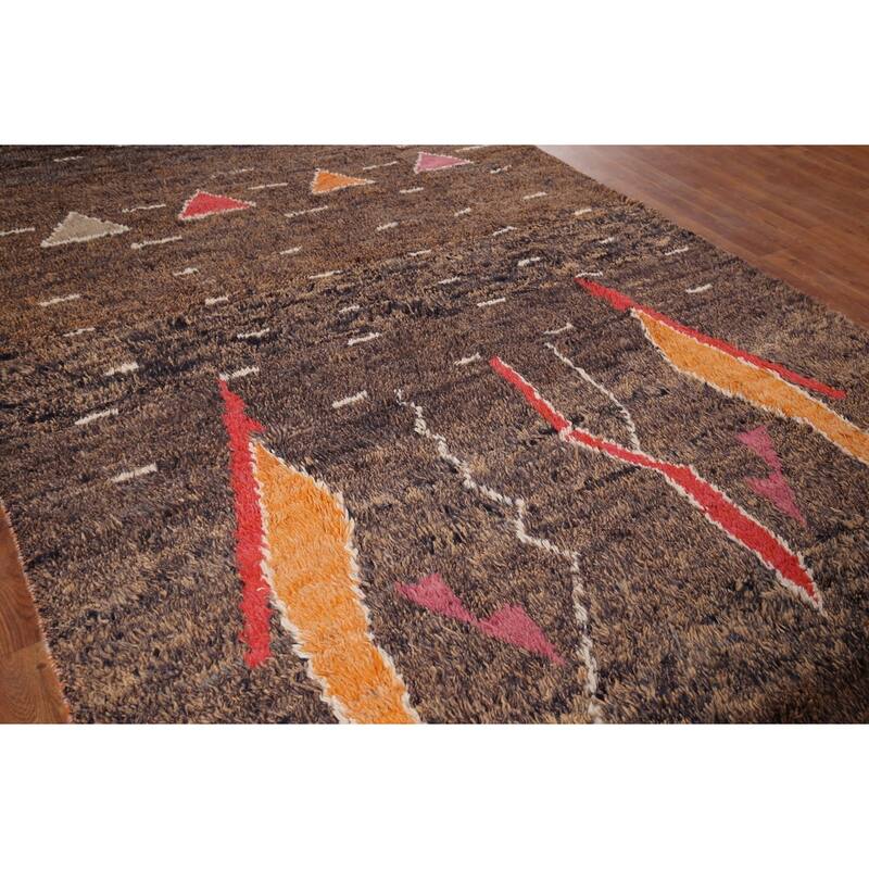 Brown Plush Moroccan Area Rug Hand-Knotted Wool Carpet - 5'10" x 9'6"
