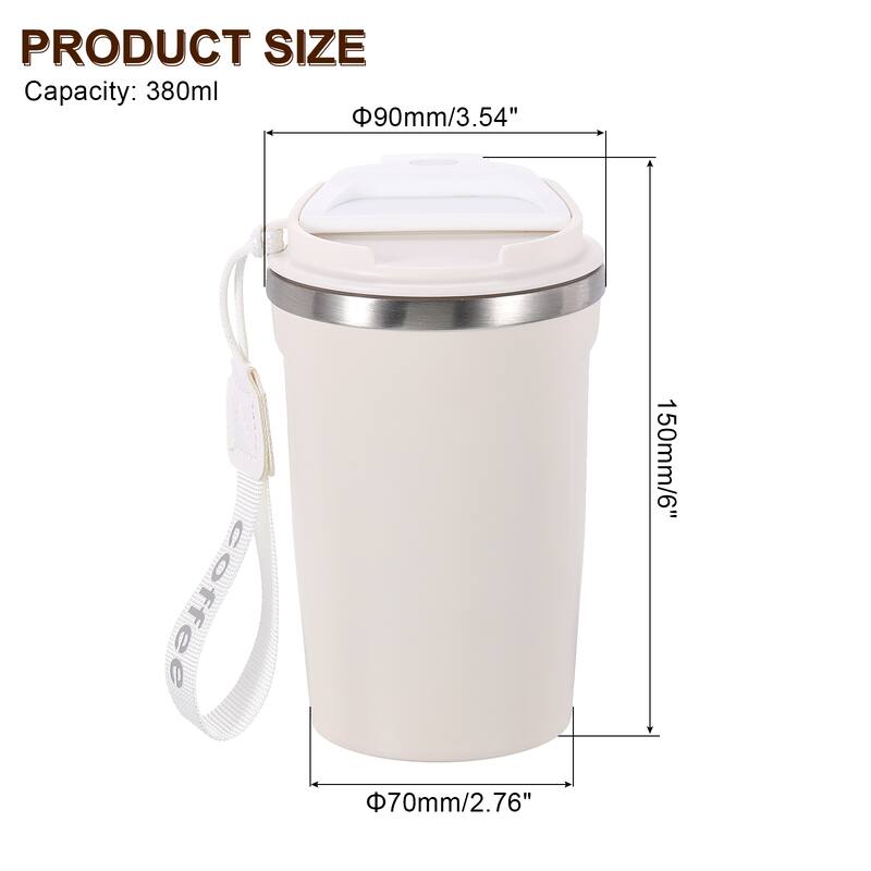 Insulated Travel Mug, 13 Oz Coffee Cup with Leakproof Lid and Lanyard - White