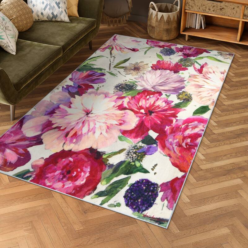 Amoroso B, Hand Washable Flowers Art Area Rug, power-loomed, 100% polyester, 2mm pile, non-slipping back