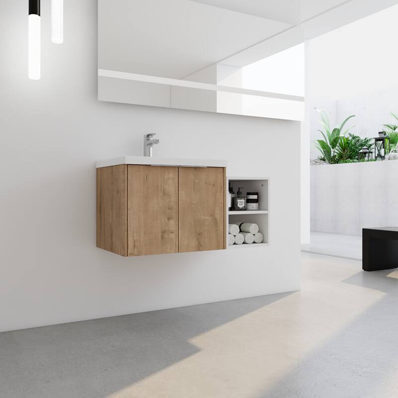 36" Wall-Mounted Bathroom Vanity with Resin Sink, Soft-Close Doors, Small Storage Shelves for Modern Bathrooms
