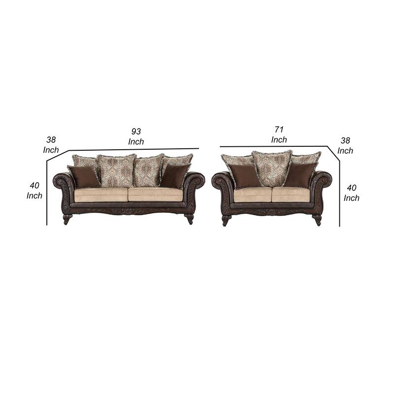 Miva 2pc Living Room Sofa Set, Carved Wood Accents, Brown Faux Leather