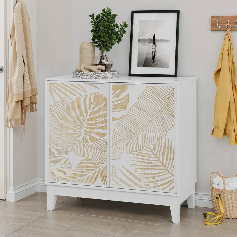 Roomfitters Coastal Storage Cabinet with Tropical Leaf Pattern Doors, Sideboard Buffet Organizer with Wood Accents, White