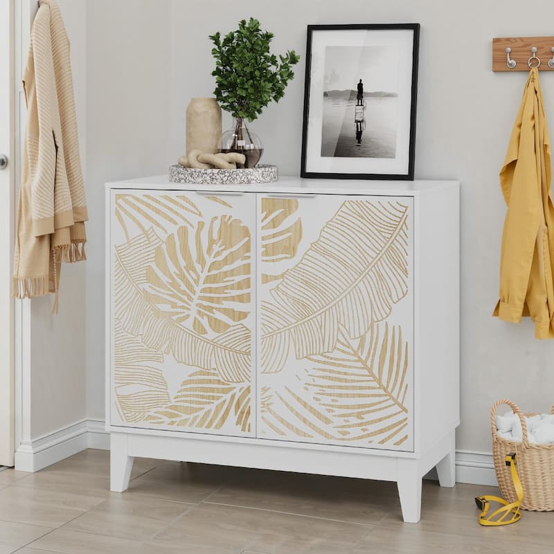 Small Carved Buffet Cabinet with Adjustable Shelves, Storage Sideboard