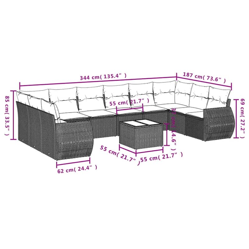 vidaXL 10 Piece Patio Sofa Set with Cushions Black Poly Rattan