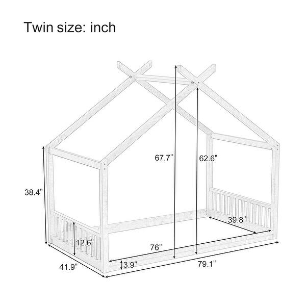 Roomfitters Twin Size Montessori House Bed Frame with Headboard and Footboard, Wooden Floor Bed with Fence Design, White