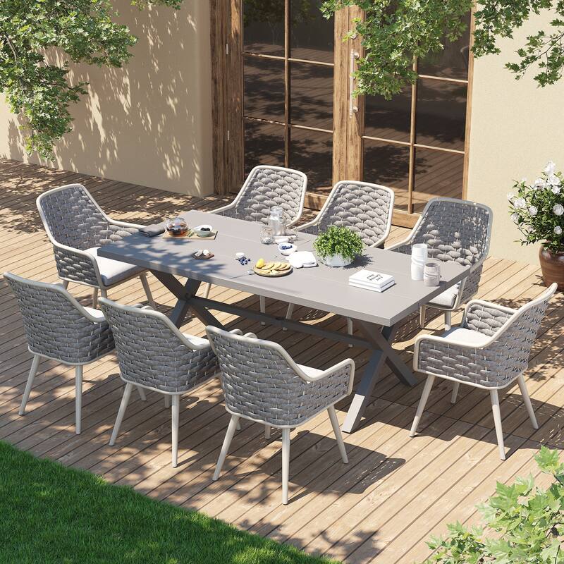 Outdoor Patio Dining Sets with Handwoven Rope Chairs and X-leg Aluminum Dining Table for 8 Persons - Grey