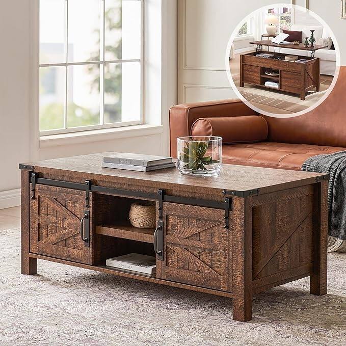 Farmhouse Lift Top Coffee Table, Rustic Center Table, Lifting Tabletop - Reclaimed Barnwood