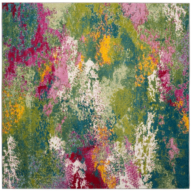SAFAVIEH Watercolor Kalinka Modern Abstract Rug - 8' Square - Green/Fuchsia