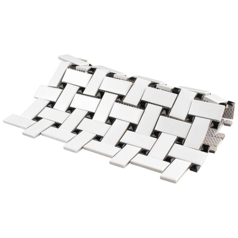SomerTile Metro Basketweave Matte White with Black Dot 11.75" x 11.75" Porcelain Mosaic Tile