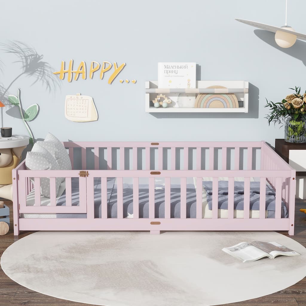 Wood Twin Size Floor Bed with Fence and Door