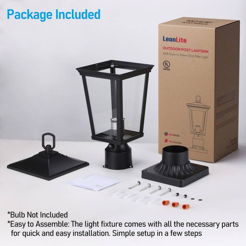 Dusk to Dawn Outdoor Post Lantern, Rectangular Clear Glass Post Light - 2PACK