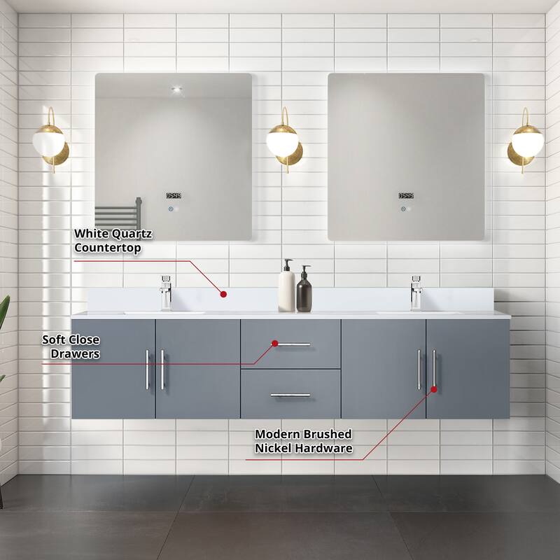 Geneva 80 in. W x 22 in. D Dark Grey Double Bath Vanity, White Quartz Top, Faucet Set, and 30 in. LED Mirrors