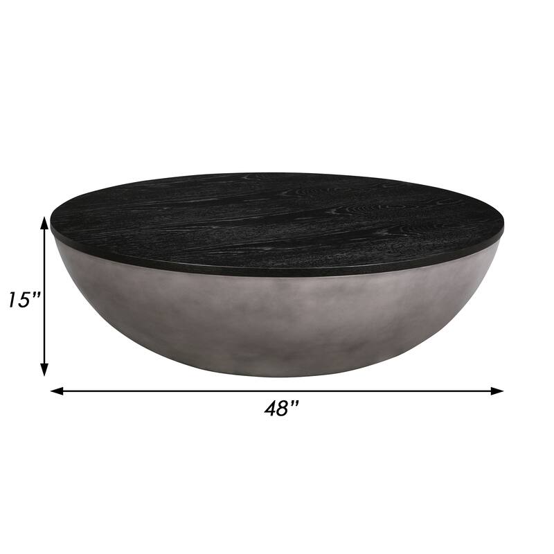 48 Inch Round Coffee Table with Wood Top and Concrete Base, Black Brushed