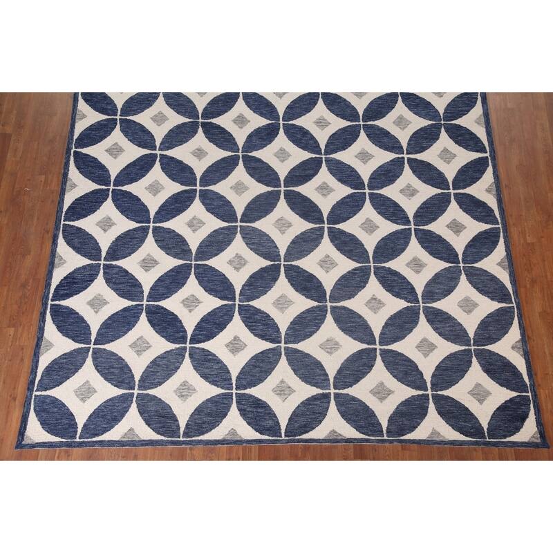 Ivory/ Blue Circles Hand-Tufted Modern Rug Contemporary Carpet