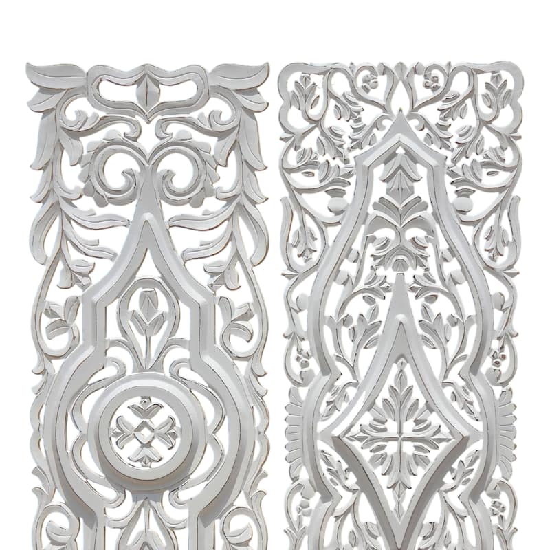 Ozy Carved Wall Art Panel Set of 2 Handcrafted Ornate Decor Distressed White Wood, 16x48