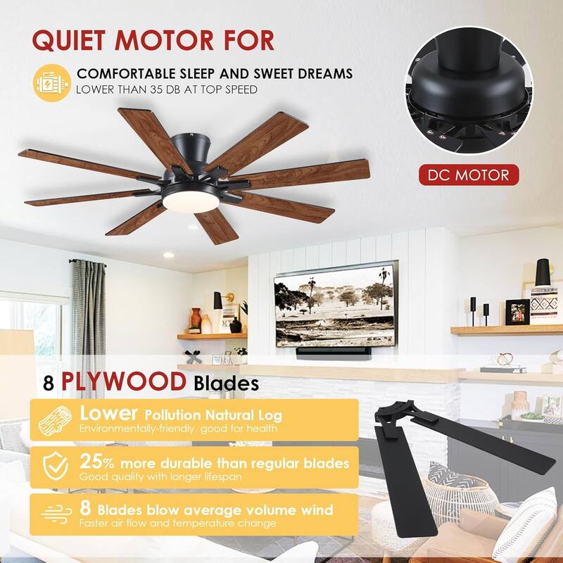 52 Inches Low Profile Ceiling Fan with LED Integrated,Retractable Blades,Remtoe and APP Control,for Bedroom,Living Room