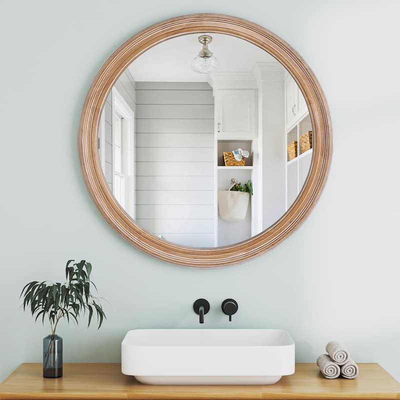 Round Wood Framed Wall Mirror with Ribbed Detail, 23.62" Natural Wooden Circle Mirror for Bathroom, Bedroom, Entryway