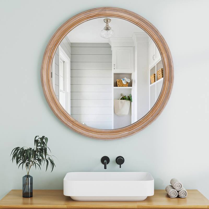 Round Wooden Farmhouse Wall Mirror - Whitewash Edge, Bathroom Vanity, Home & Office - Antique Natural