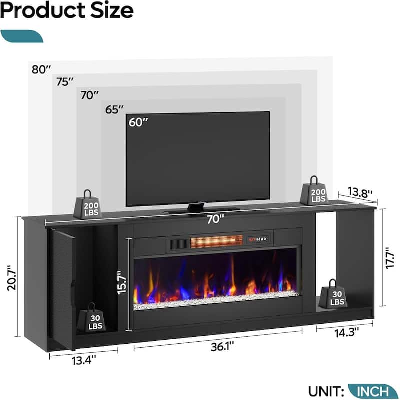 70" TV Stand with 36" Electric Fireplace, Modern Led Electirc Fireplace TV Stand fits TV up to 75 in.with Storage Cabinet