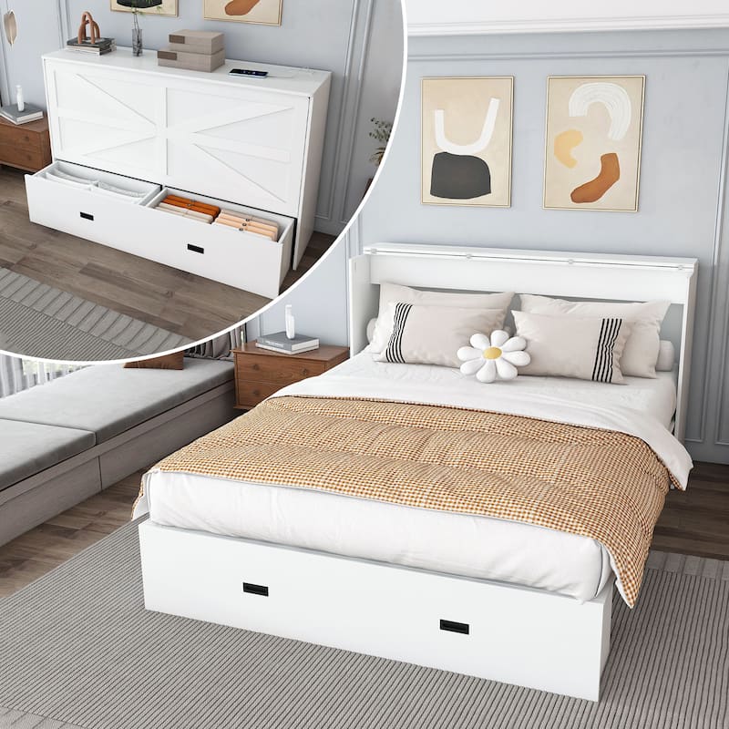 Full Size Foldable Murphy Bed Cabinet with Storage and Charging