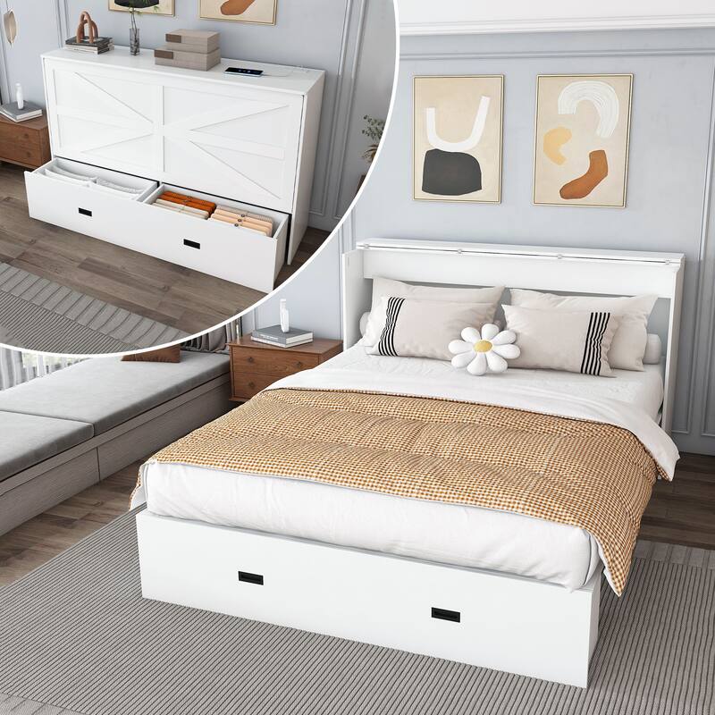 Full Size Murphy Bed, with Storage Drawers and Charging Cabinet, with Foldable Panels, with Swivel Wheels, Noise-Free - White