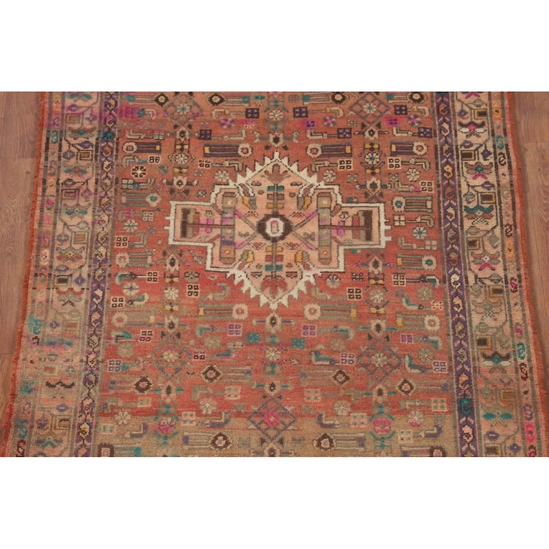 Geometric Zanjan Persian Vintage Runner Rug Handmade Wool Carpet - 3'7"x 9'10"