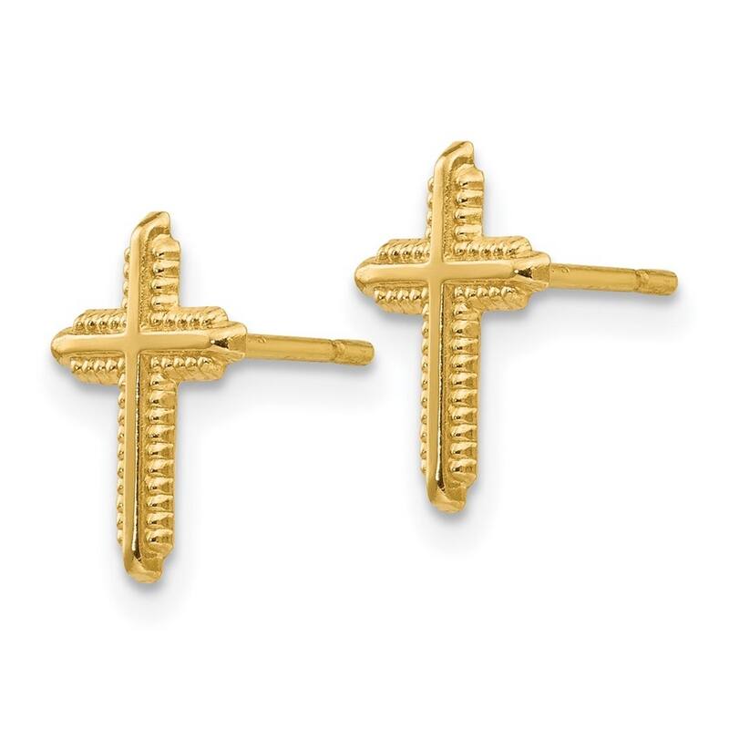 Curata 14k Yellow Gold 10x7mm Small Beaded Cross Post Stud Earrings - White