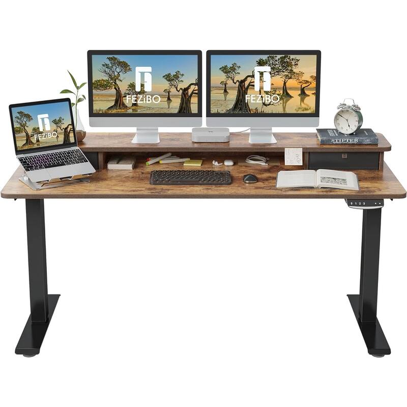 FEZIBO Height Adjustable Electric Standing Desk with Double Drawer, Stand Up Desk with Storage Shelf, Sit Stand Desk