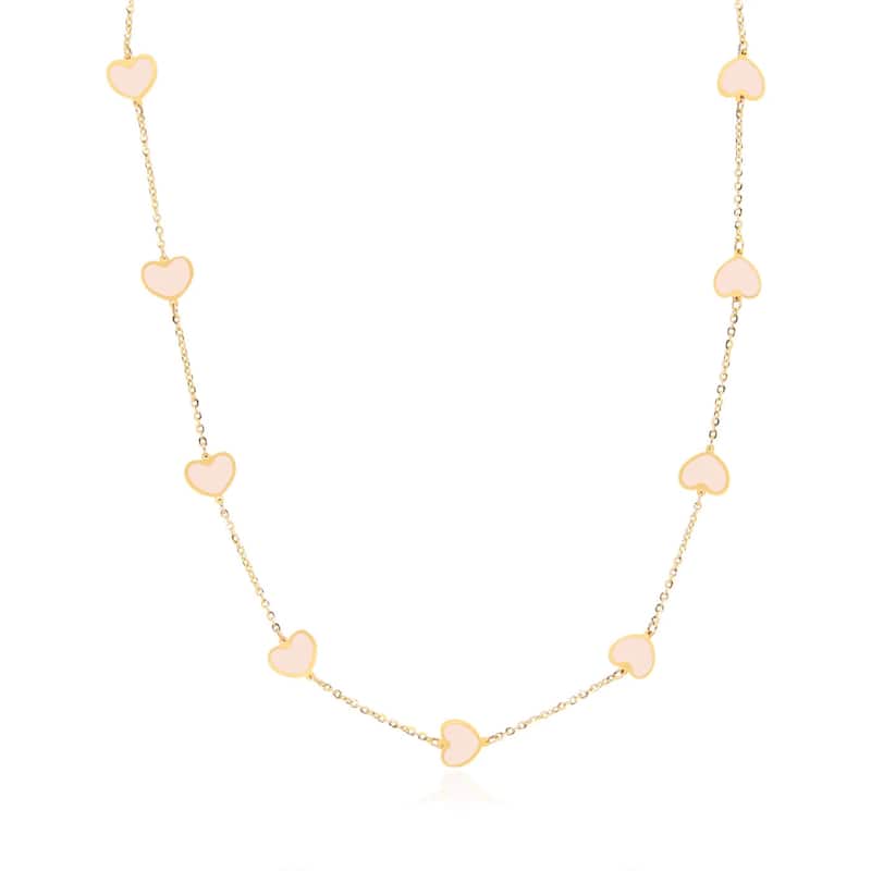 Curata 14k Yellow Gold Italian 18" Inlaid Genuine Gemstone 7mm Heart Station Necklace - Light Pink MOP