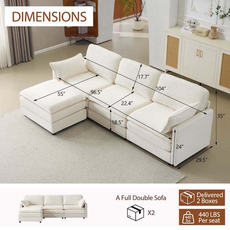 Modern L-shaped Sectional Sofa with Chaise Corduroy 3 Seater Modular Deep Seat Couch with Solid Wood Frame, Pet Friendly
