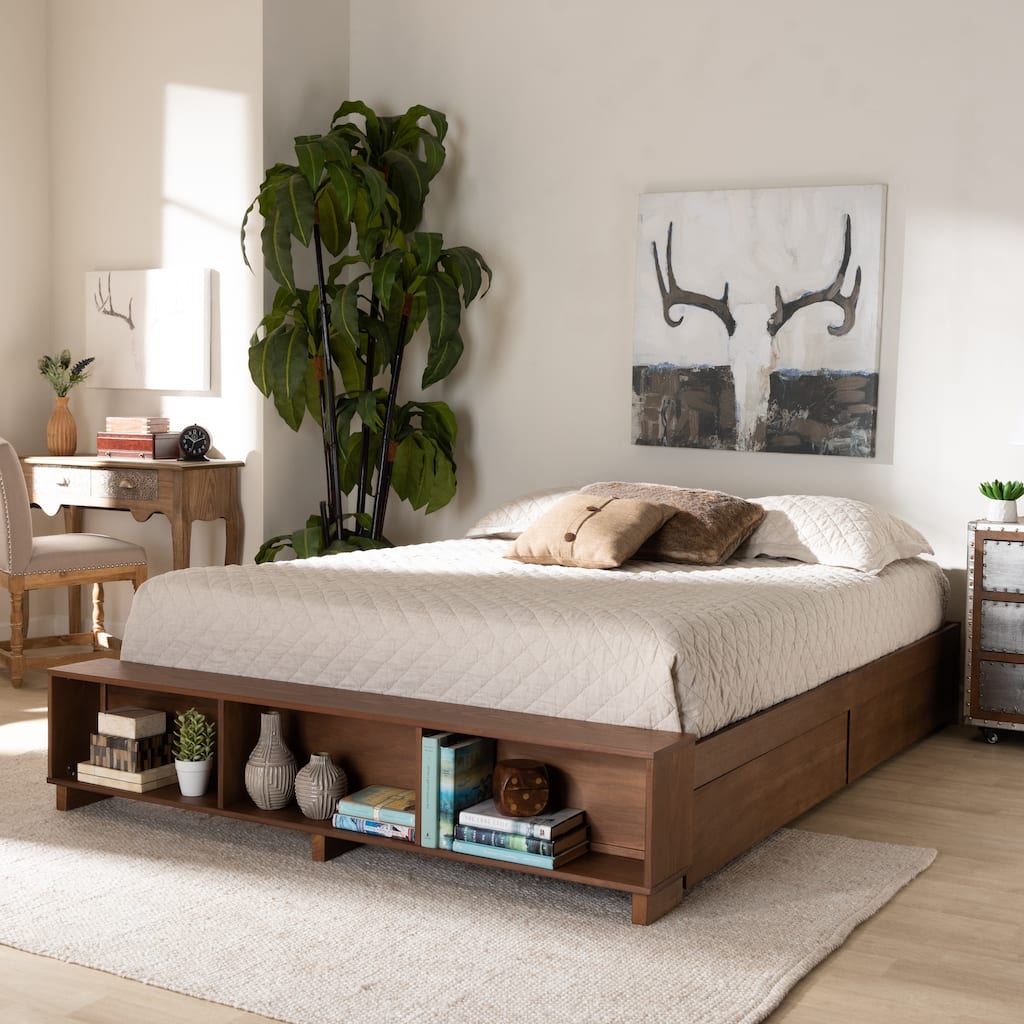 Carbon Loft Dehaney Modern Rustic Ash Walnut Brown Wood Platform Bed with Shelves