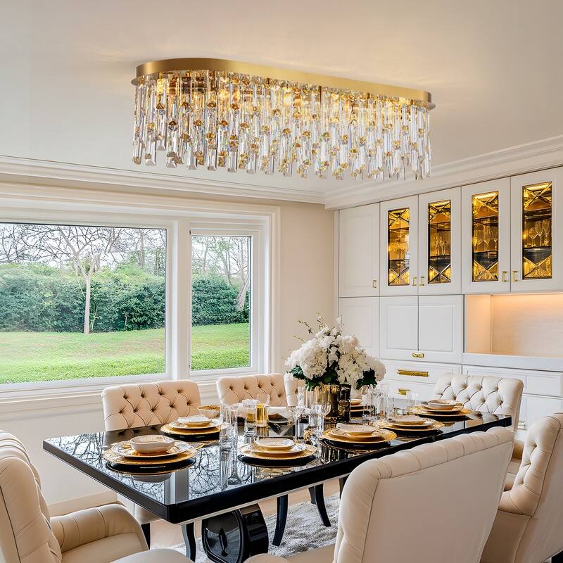 39.3 in. Brass Modern Luxury Crystal Chandelier Rectangular Flush Mount Ceiling Light for Dining Room Living Room