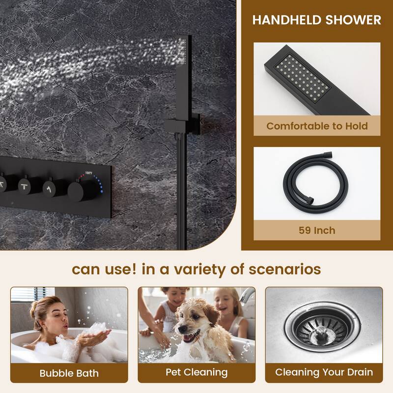 Thermostatic 4-Spray 28 in. x 15 in. Ceiling Mount Fixed and Handheld Dual Shower Head 2.5 GPM with LED Mood Light & Music