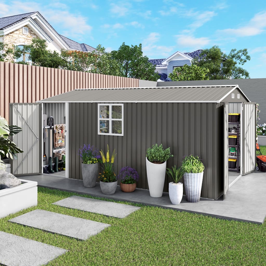10x14 FT Outdoor Metal Storage Shed,Durable Garden Shed with 3 Lockable Doors and Clear Window,All-Weather Shelter,Grey