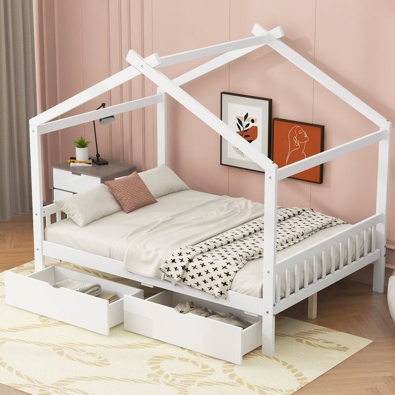 Full Size House Platform Bed with Drawers, Headboard, Footboard, and Roof Design in White